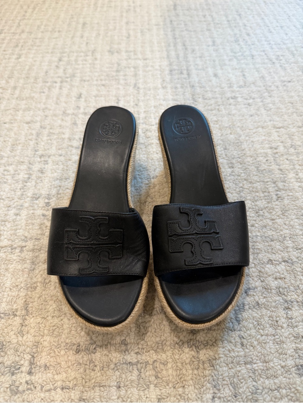 Tory Burch Black Calf Leather Weston Women's Wedge Slide - Picture 2 of 6